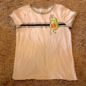 A white shirt with a avocado saying a joke, Size 14/16 from justice